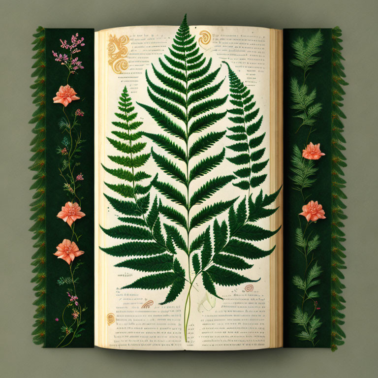 Botanical Art in Open Book with Green Fern Illustration