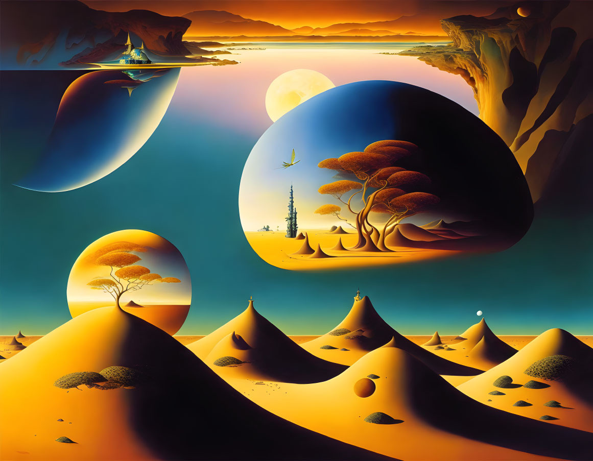 Surrealist landscape with dune-like structures and vibrant trees