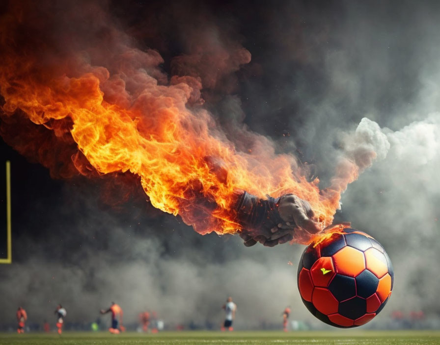 Soccer ball with flames on field with players