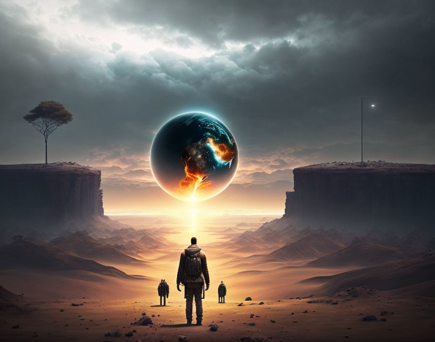 Person and figures in desert with burning globe, cliffs, tree, and beacon under dusky sky