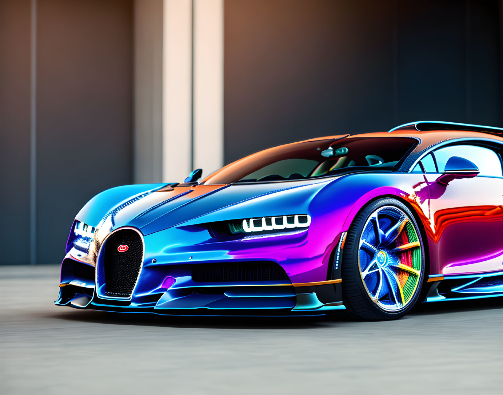 Vibrantly colored Bugatti sports car with multicolored paint job parked in front of modern building