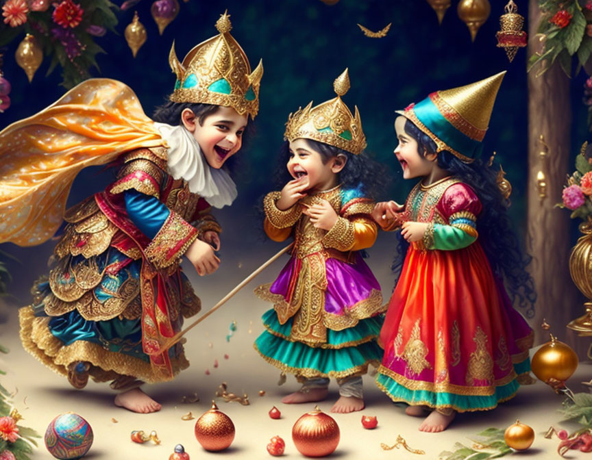 Children in Colorful Royal Costumes Playing with Candies and Ornaments