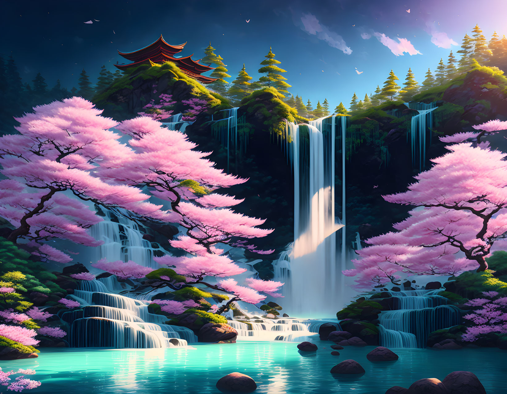 Digital Art: Serene Forest Waterfall with Cherry Blossoms