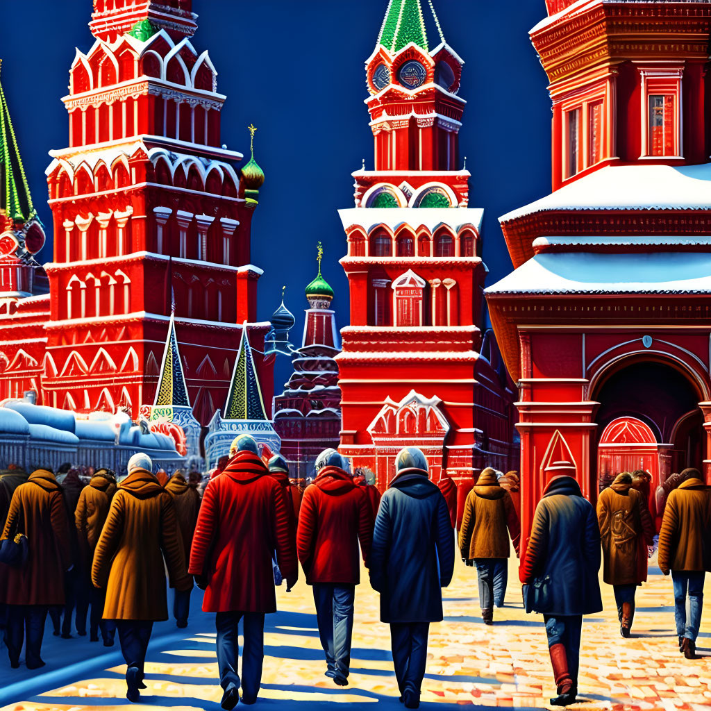 Group of people walking towards colorful onion-domed buildings in snowy Red Square, Moscow