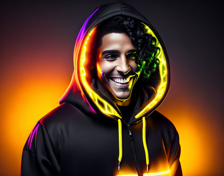 Digital artwork: Smiling man with neon outline in hoodie on orange background