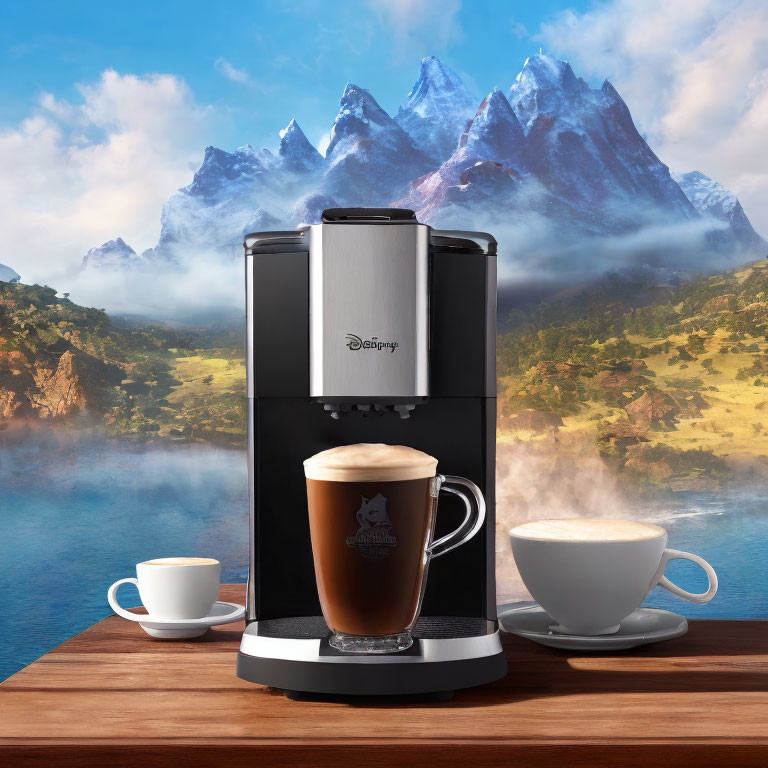 Disney-themed coffee machine brewing latte on wooden counter with empty cups and mountain view.