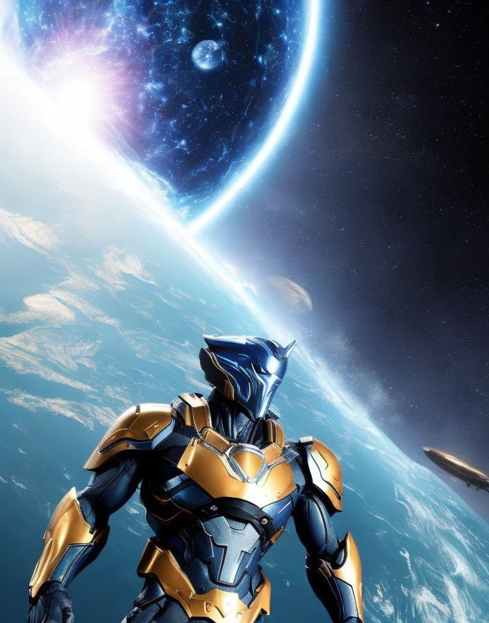 Futuristic armored figure in space with Earth and celestial body.