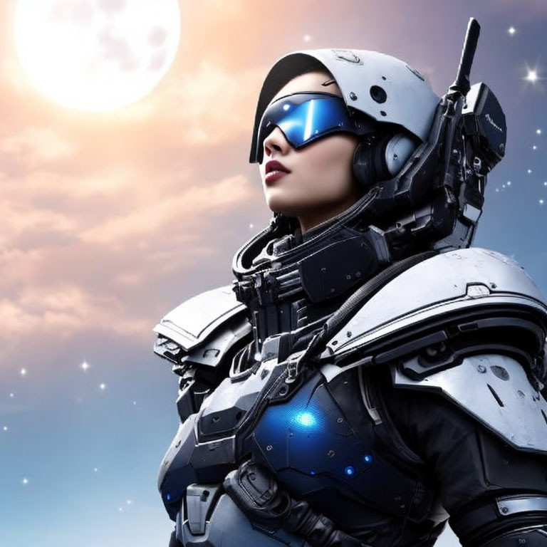 Futuristic female soldier in advanced combat armor with reflective visor under moonlit sky