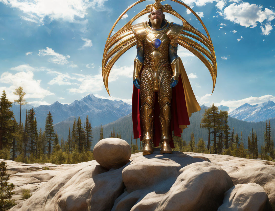 Golden-armored warrior with halo on rock amidst pine trees and mountains