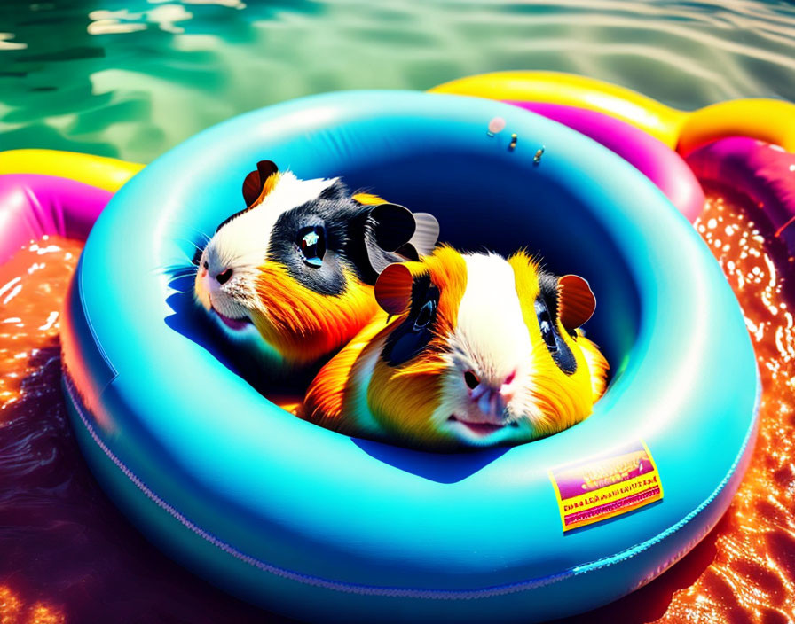 Colorful Guinea Pigs Float on Water with Inflatable Rings