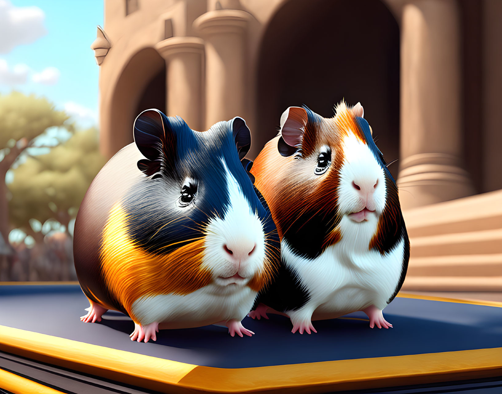 Cartoon-style guinea pigs in front of arched building on blue surface