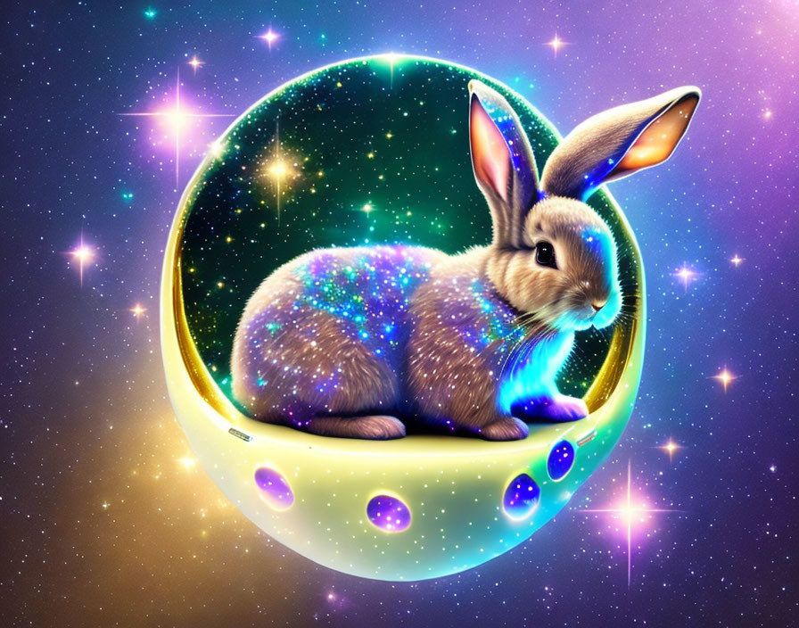 Cosmic-themed illustration featuring rabbit in translucent sphere surrounded by stars.