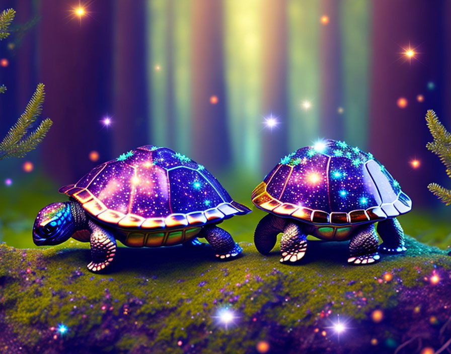 Illustrated turtles with starry night shell in magical forest scene