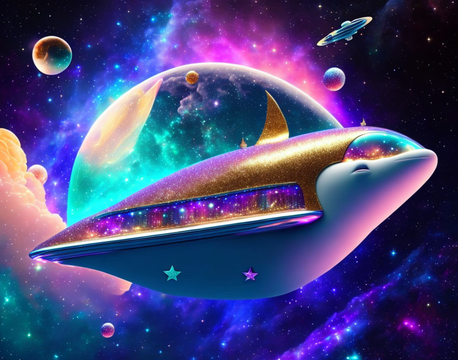 Colorful Digital Art: Whimsical Dolphin Spaceship in Cosmic Scene