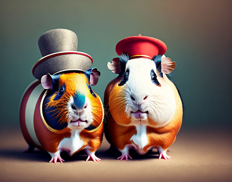 Guinea pigs in costumes with hats posing near circus cylinders