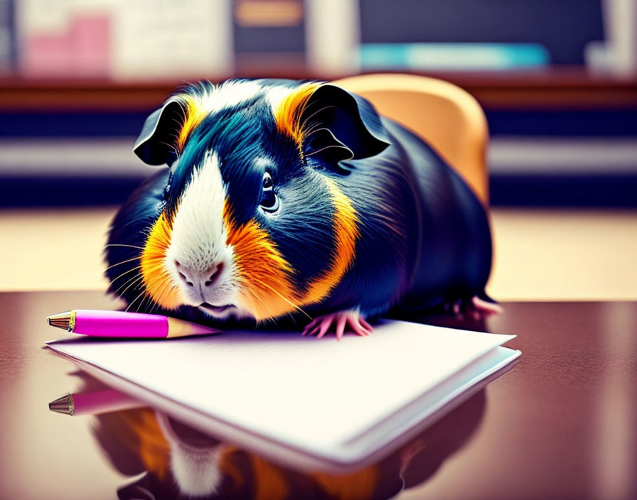 Colorful guinea pig with notepad and pink pen on desk.