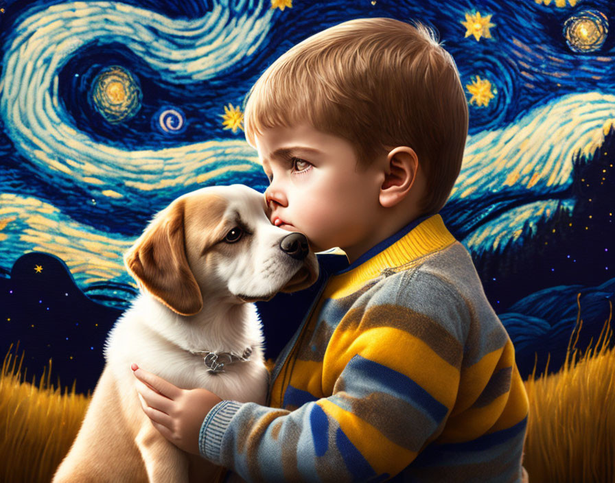 Child in striped sweater with beagle puppy on Starry Night backdrop