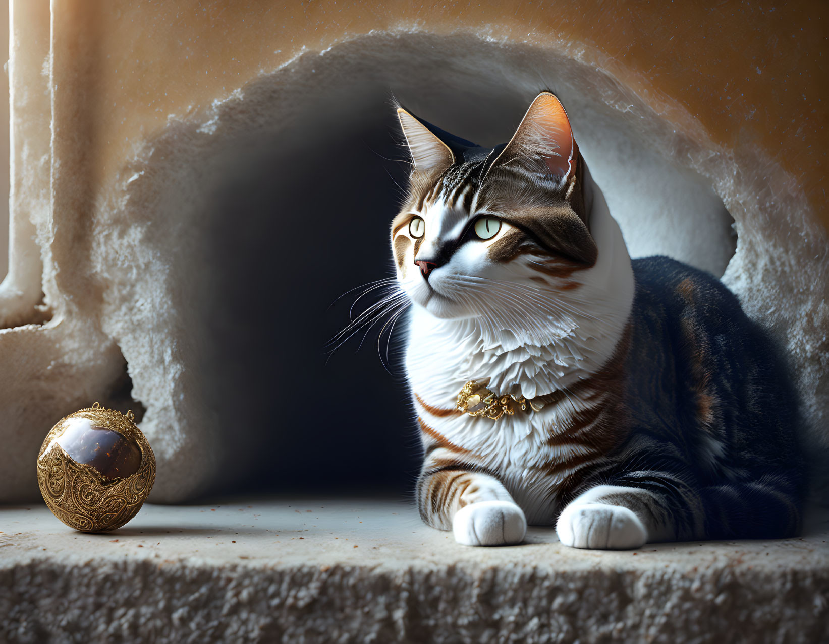 Regal cat with decorative collar beside golden ball in ornate room.