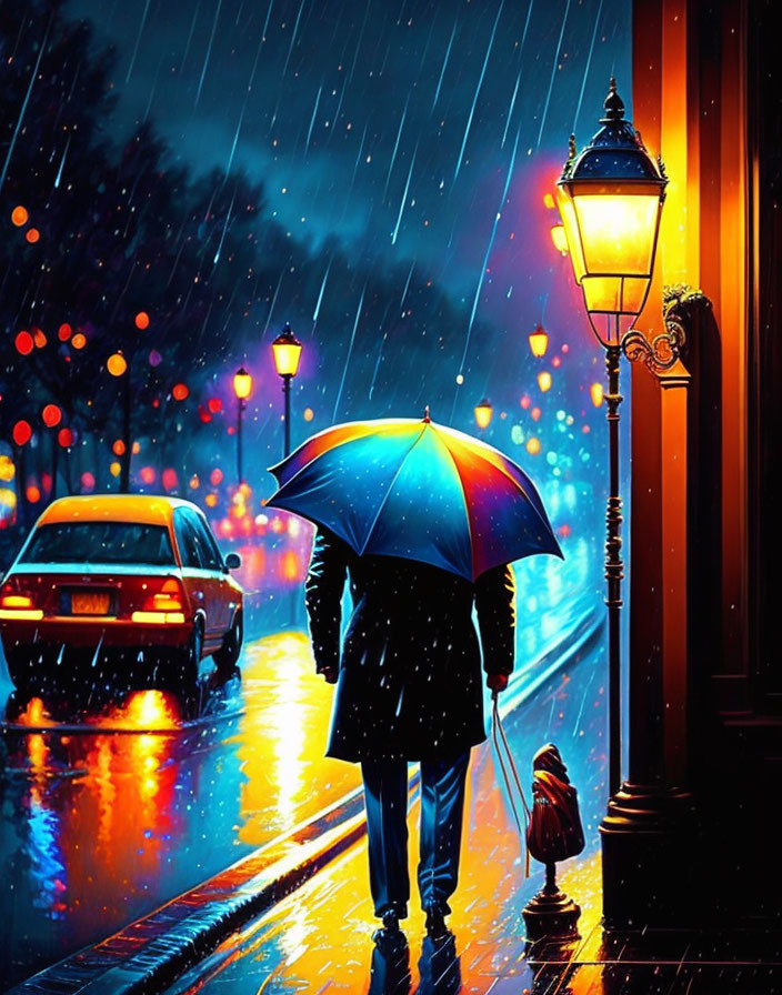 Person with umbrella on rain-slicked street at night with lamppost and car reflections