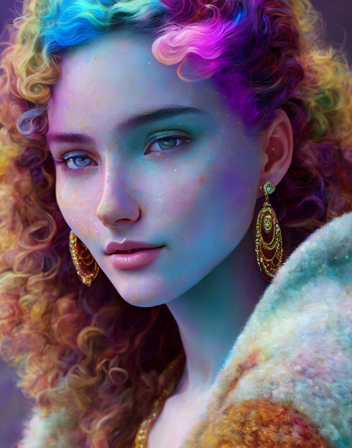 Portrait of Young Woman with Multicolored Curly Hair and Gold Earrings