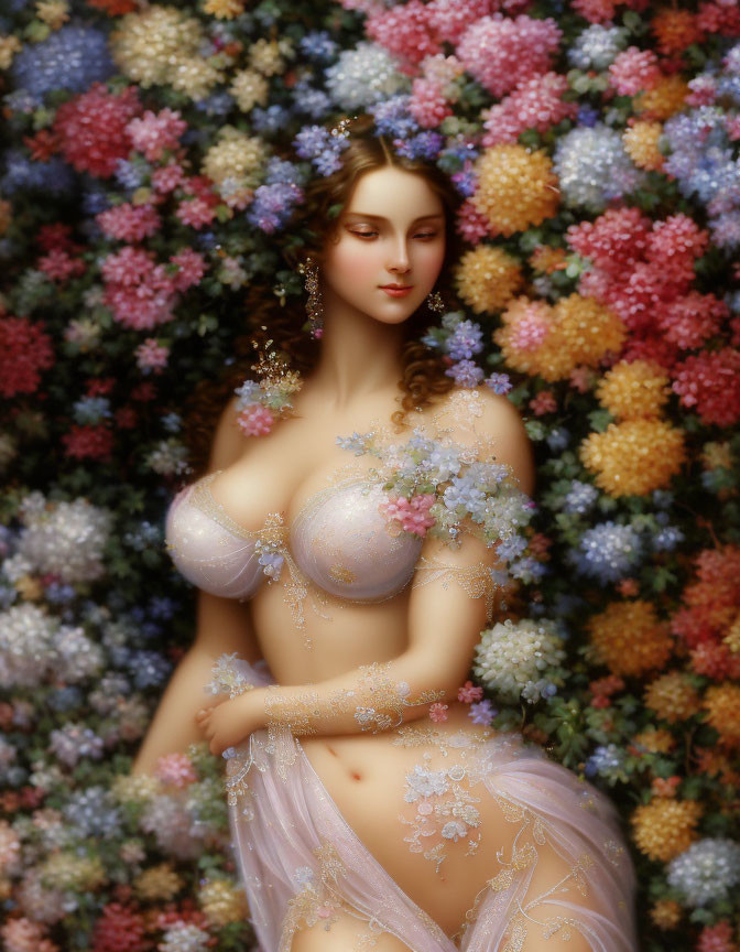 Serene woman portrait among multicolored flowers and floral jewelry