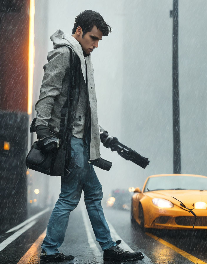 Man in gray jacket holding rifle on wet street with yellow sports car and rain.