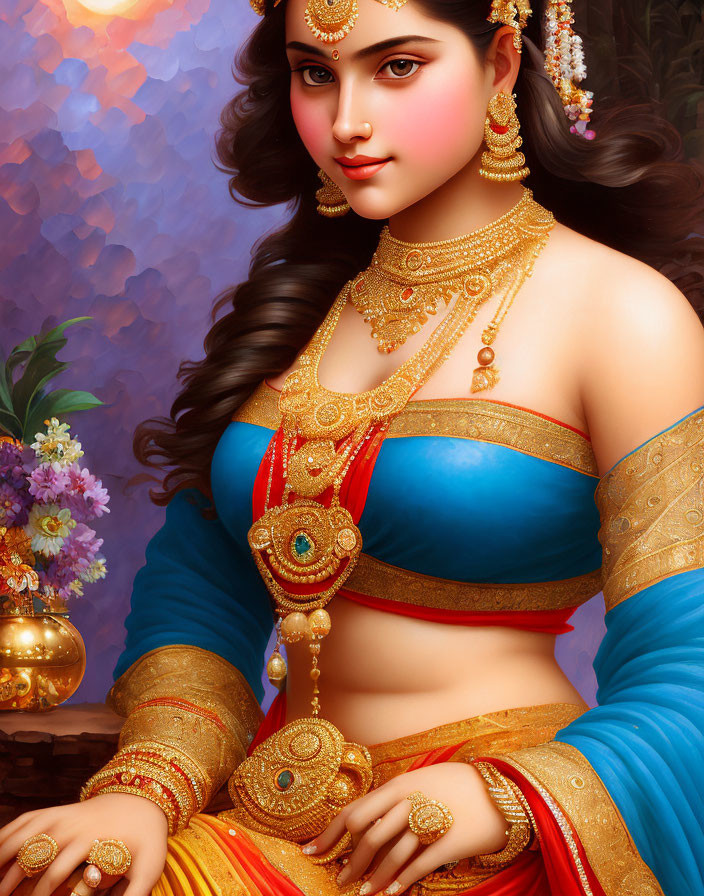 Woman in Traditional Outfit with Ornate Gold Jewelry