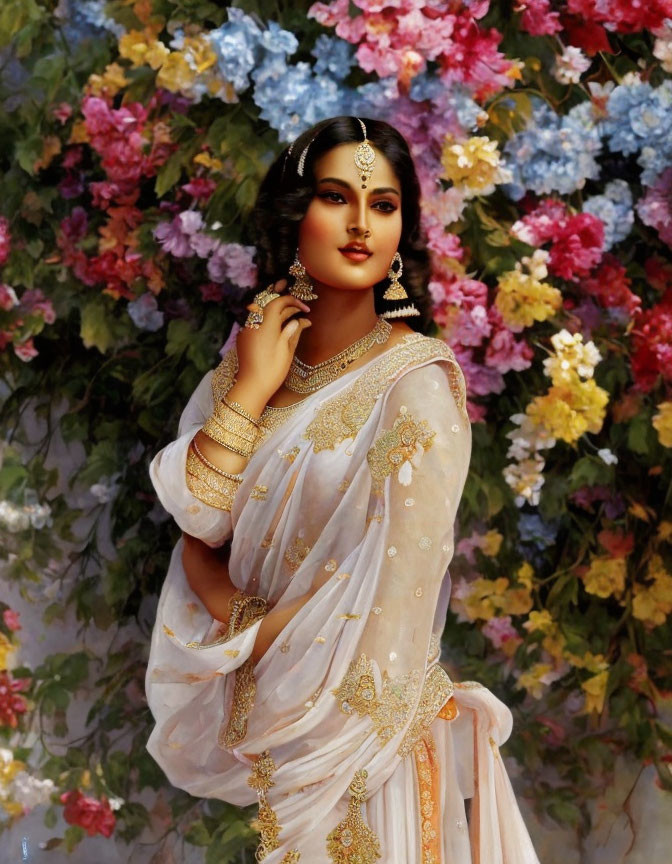 Traditional Indian Attire Woman with Gold Jewelry in Floral Background