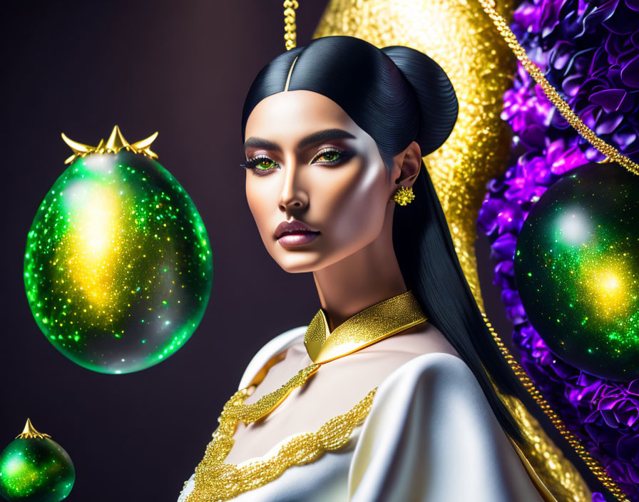 Sleek-haired woman with golden earrings in colorful orbs on dark background