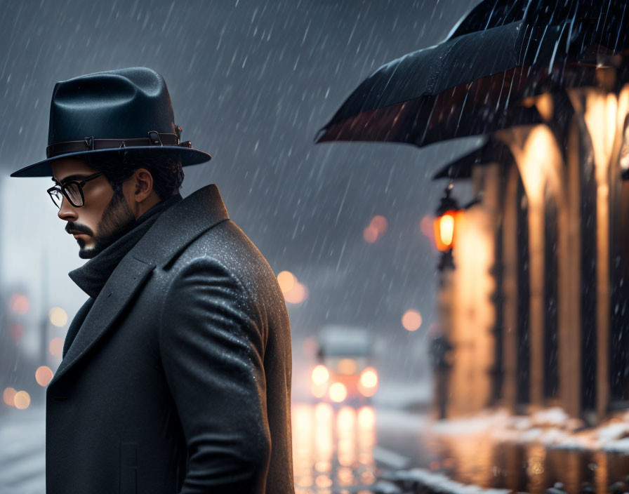 Man in coat and hat under umbrella on rainy evening with blurred city lights