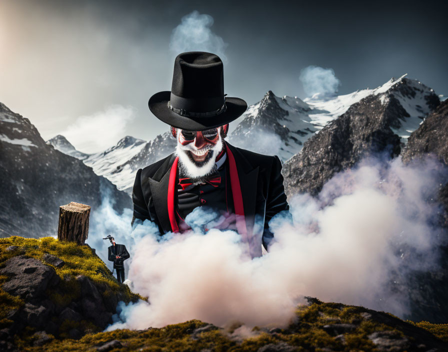 Person in Top Hat and Sunglasses with White Beard in Foggy Mountain Scene