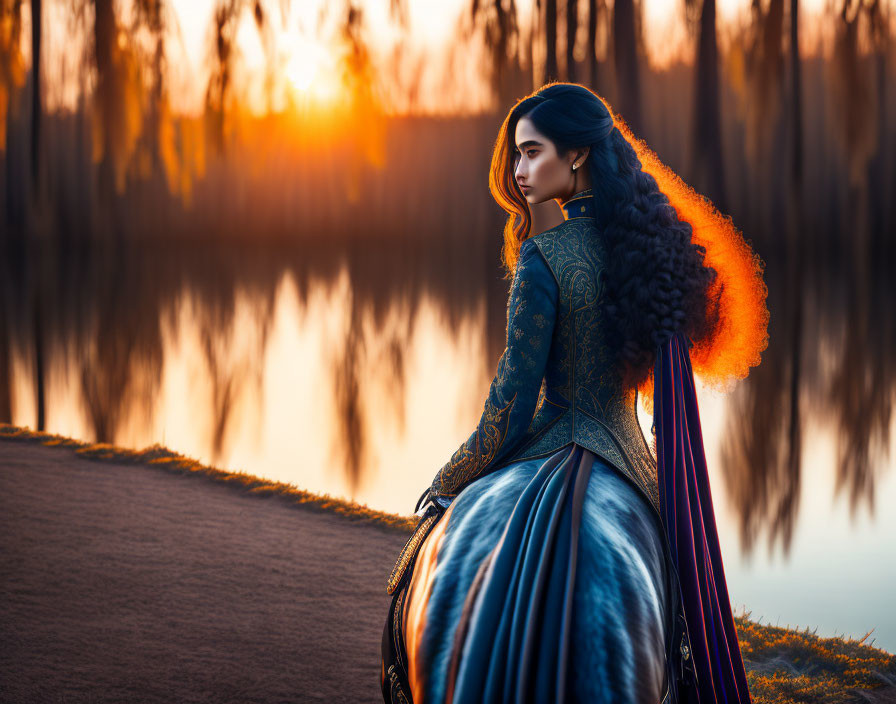 Woman in Blue and Purple Dress by Calm Sunset Lake