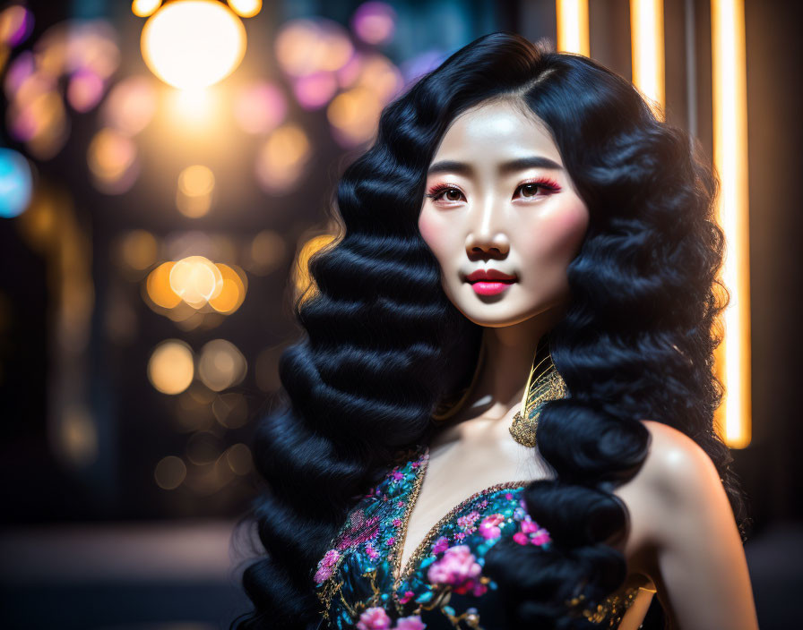 Curly-haired woman in floral dress under soft lights