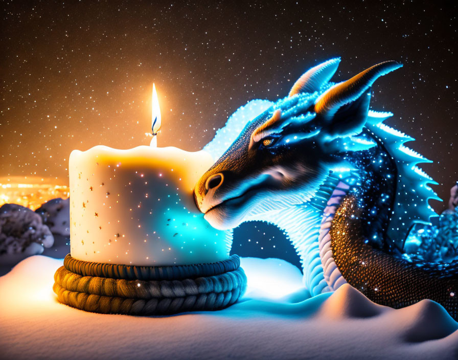 Blue Dragon Warms Face by Candle in Snowy Night