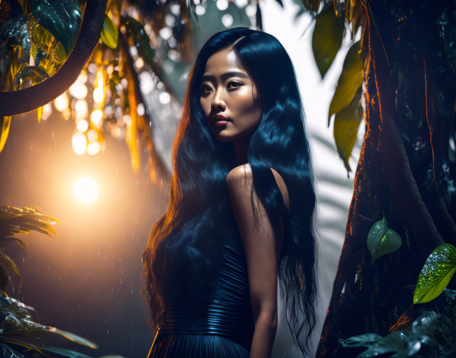 Woman with Long Dark Hair in Lush Greenery and Sunlight Glow