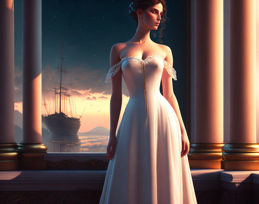 Elegant woman in gown gazes at ship in night sea with starry sky