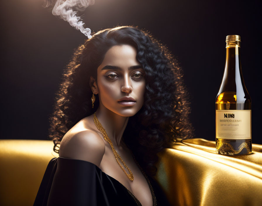 Curly-haired woman in black dress with NINU fragrance bottle, gold chain, and smoke.