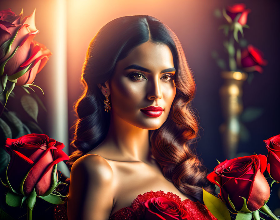 Woman in Red Dress with Elegant Makeup and Roses on Moody Background