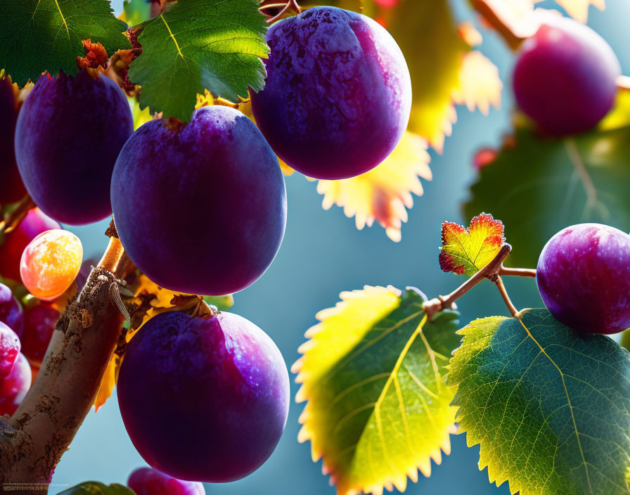 Ripe Purple Plums on Tree Branch with Green Leaves