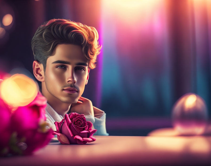 Stylized illustration of young man with wavy hair and rose in dreamy lighting