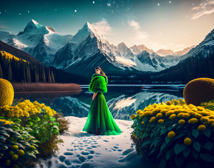 Person in Green Dress and Fur Coat by Snowy Mountains and Lake with Yellow Flowers