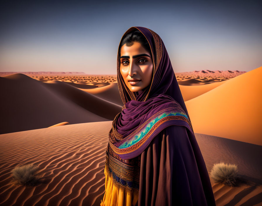 Woman in Colorful Shawl Stands in Desert at Sunset