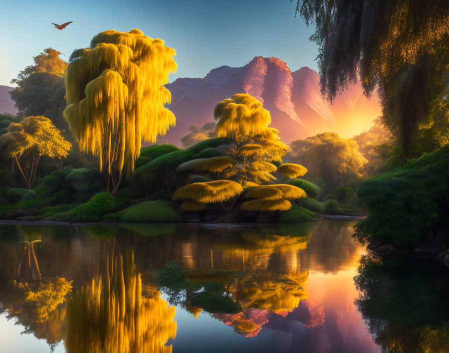 Tranquil sunrise landscape with weeping willow trees, calm river, mountains, and bird