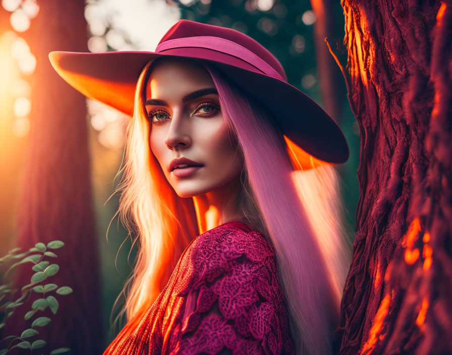 Woman in crimson hat with striking makeup under golden hour sunlight