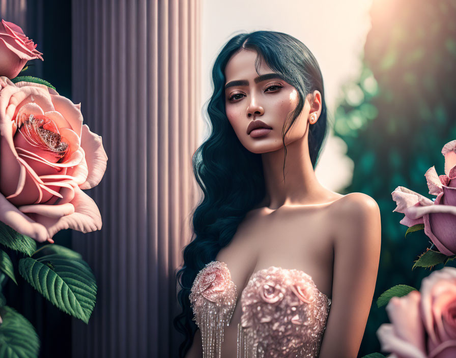 Long-haired woman with dark hair near pink roses under sunlight.