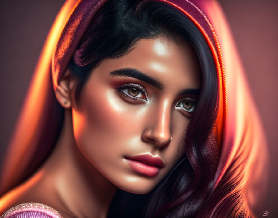 Striking digital portrait of young woman with luminous skin and red background