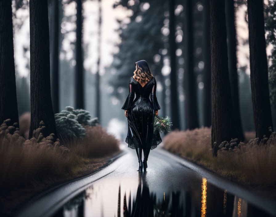 Person in black cloak holding flowers walks misty forest road