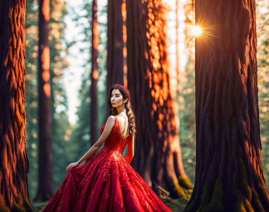 Woman in red gown standing in forest with sunlight filtering through trees