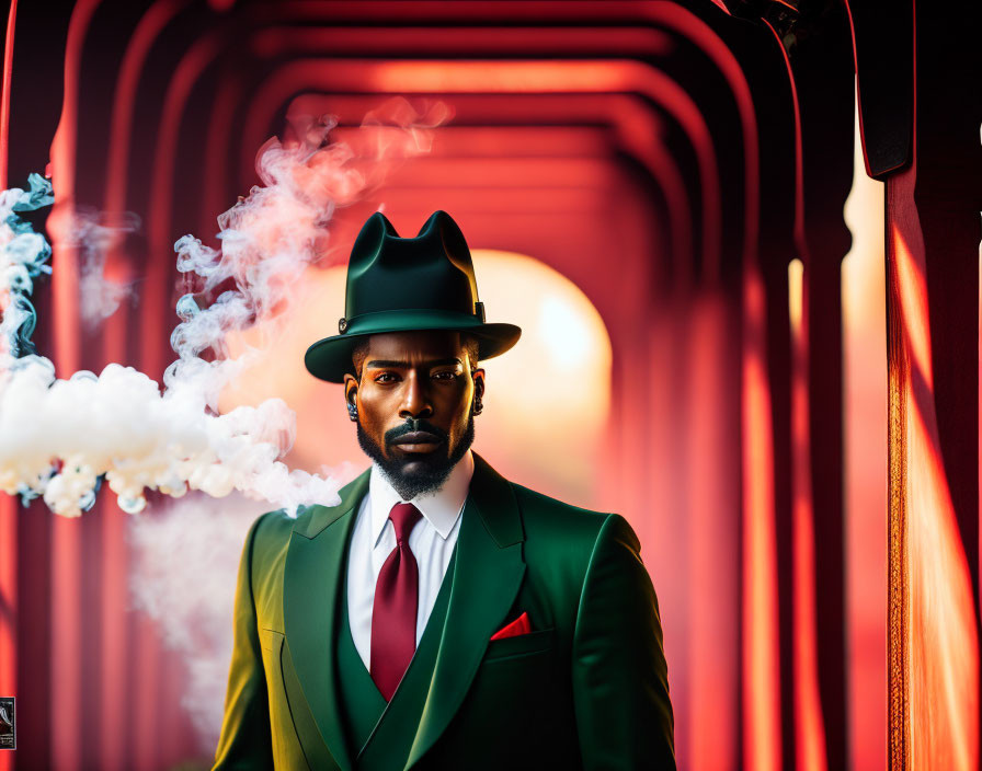 Confident man in green suit and black hat in red corridor with swirling smoke