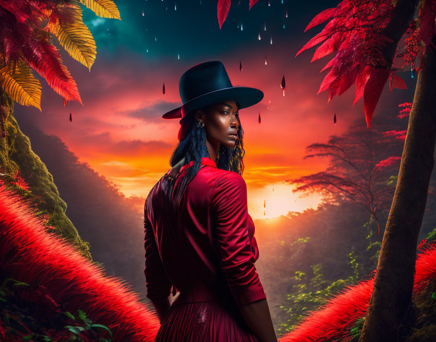 Woman in red dress and hat surrounded by lush foliage and floating lights at sunset